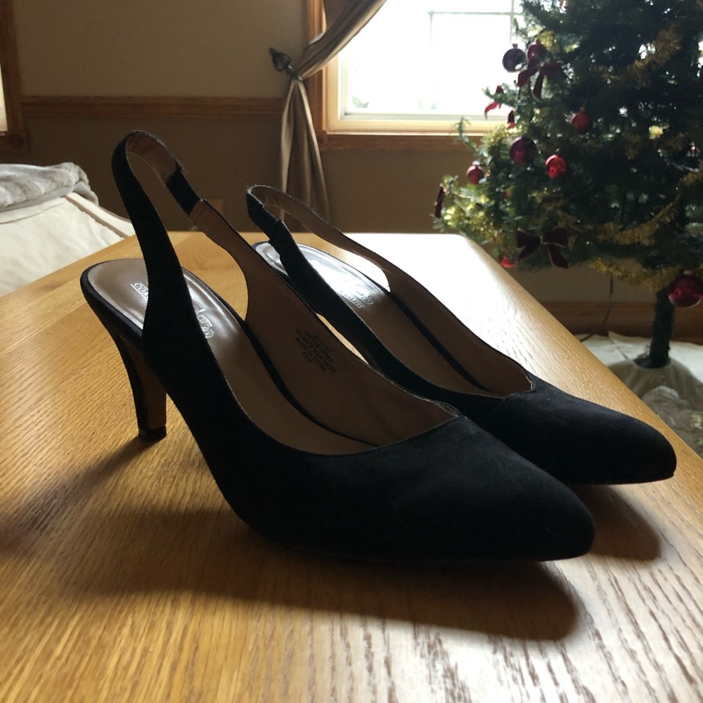 Coach and Four black suede heels. Size 6.5 Good used condition.